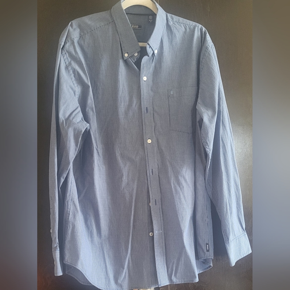 Izod Men's Button-Down Dress Shirt in Blue & White Micro Check Pattern